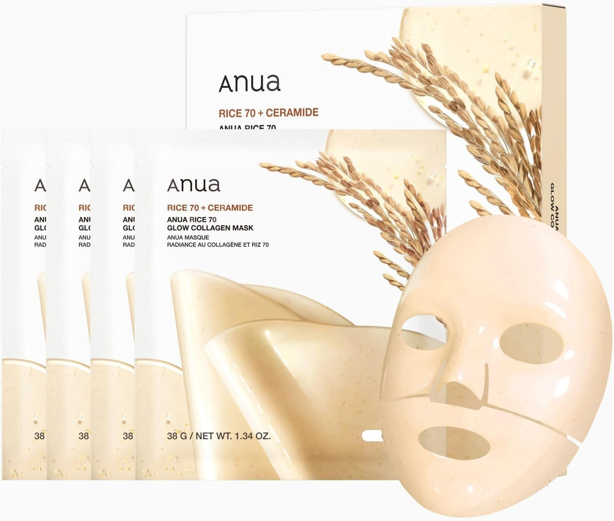 [Anua] Rice 70 Glow Collagen Mask – Radiant Clarity from Pure Rice Essence | 38 g × 4pcs - Lahab Beauty | لهب بيوتي
