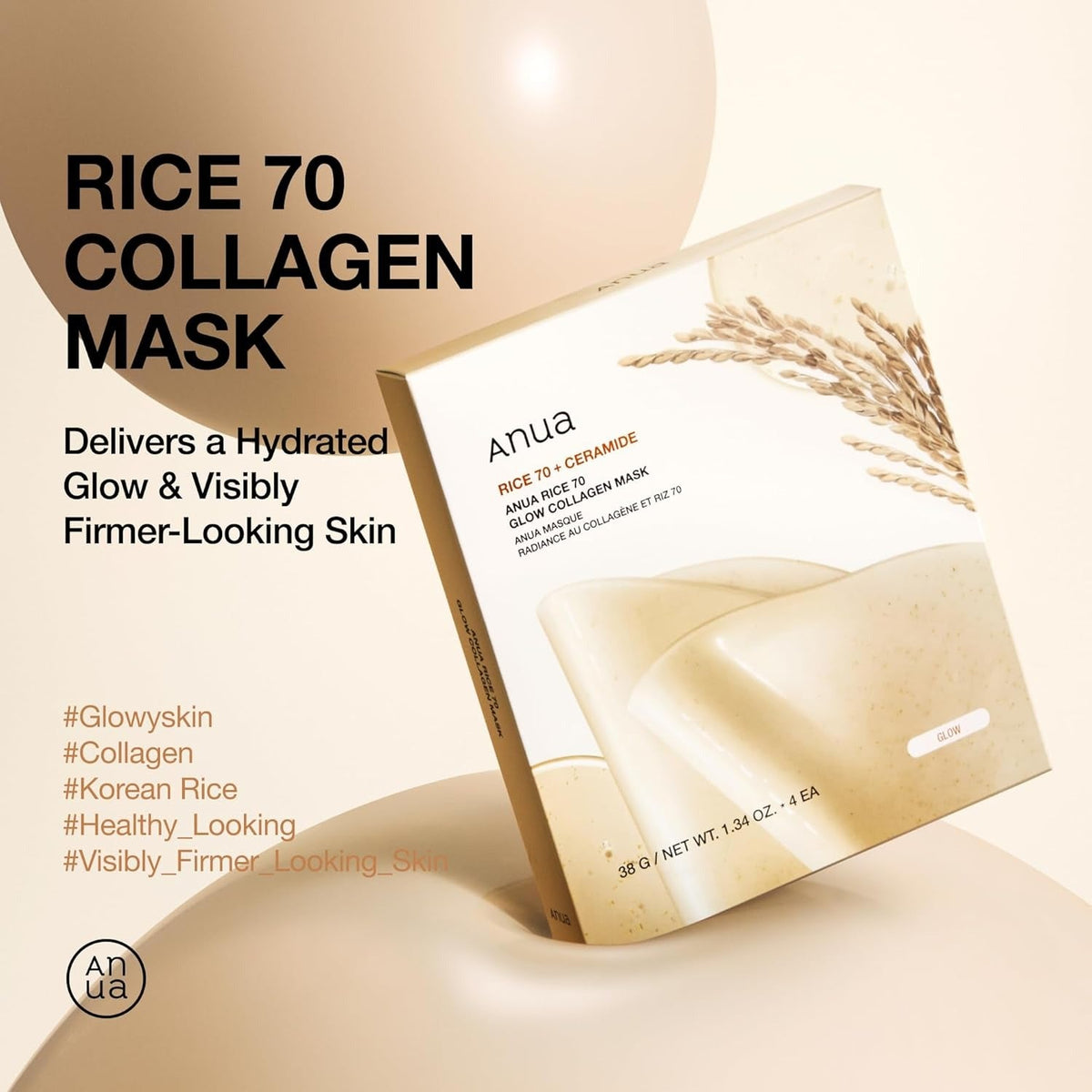 [Anua] Rice 70 Glow Collagen Mask – Radiant Clarity from Pure Rice Essence | 38 g × 4pcs - Lahab Beauty | لهب بيوتي