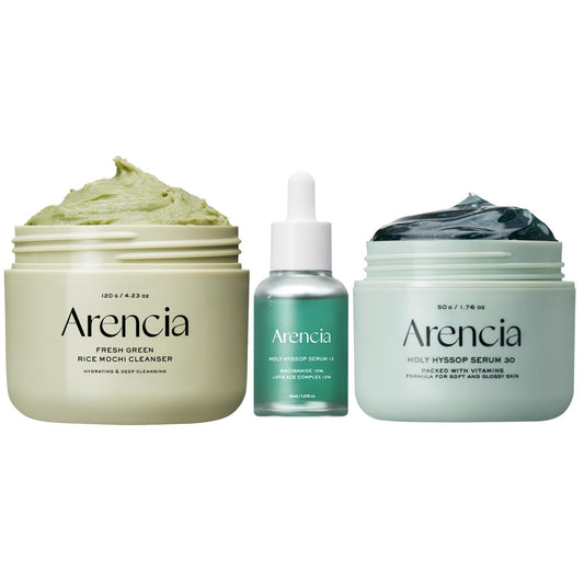 Arencia Glass Skin Ritual Trio – Green Rice Mochi Cleanser + Holy Hyssop Serum 30 Set 🌿✨ - Lahab Beauty | لهب بيوتي