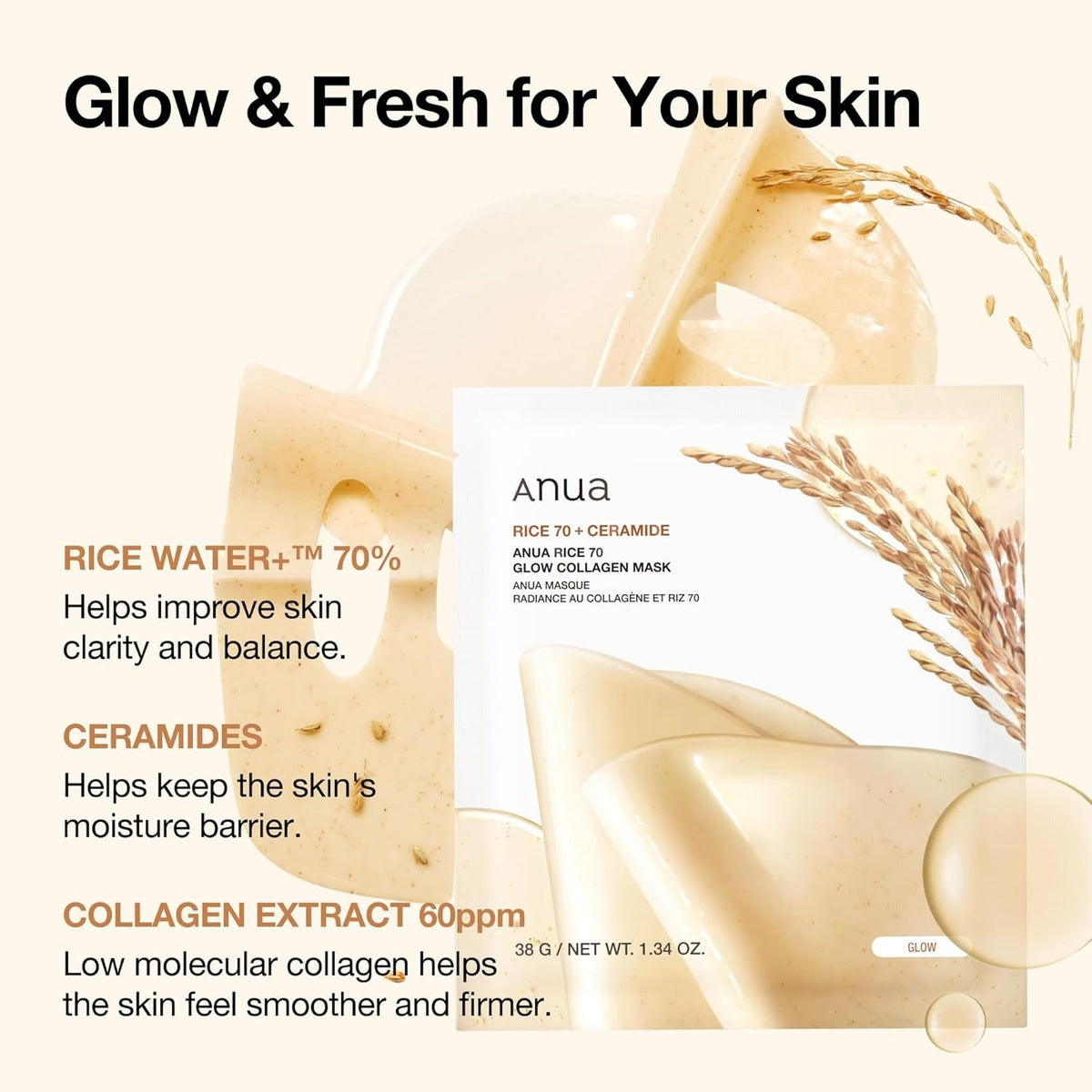 [Anua] Rice 70 Glow Collagen Mask – Radiant Clarity from Pure Rice Essence | 38 g × 4pcs - Lahab Beauty | لهب بيوتي